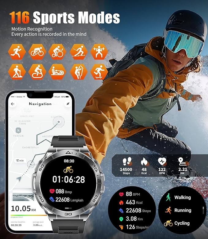 EF16 Smart Watch for Men with LED Flashlight, 1.6" AMOLED Fitness Tracker Watches, 600mAh Battery/2 Straps/100+ Sports/IP68 Waterproof/Bluetooth Call Smartwatch for Android iPhone Compatible