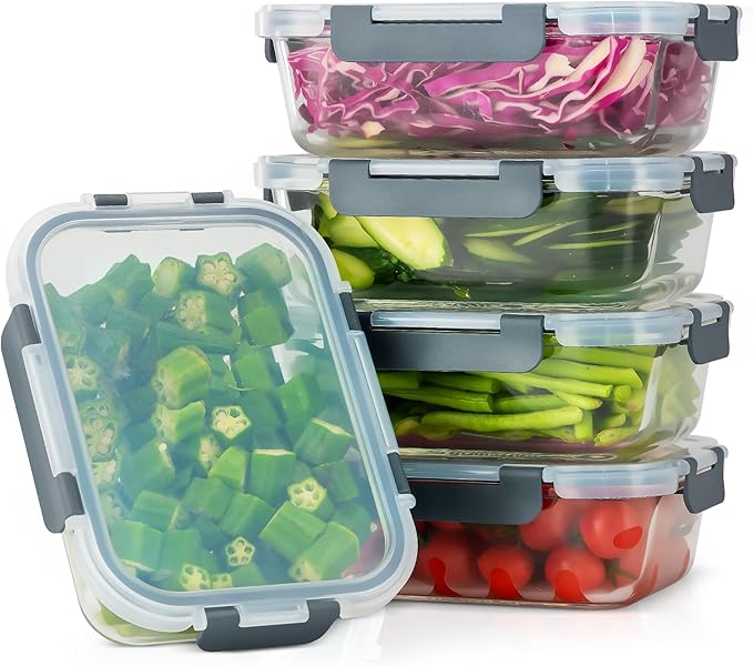 5 PACK 36 oz Glass Meal Prep Containers, Glass Food Containers with Snap-Lock Lids, Airtight Lunch Containers, Microwave, Oven, Refrigerator and Dishwasher Safe,Gray