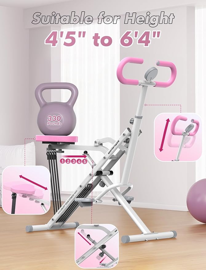 Sportsroyals Pink Squat Machine Rowing Machine for Home 2 in 1 Rower & Squat Assist Workout Foldable Rower for Home Full Body Worikout Adjustable 4 Resistance Bands 330lbs