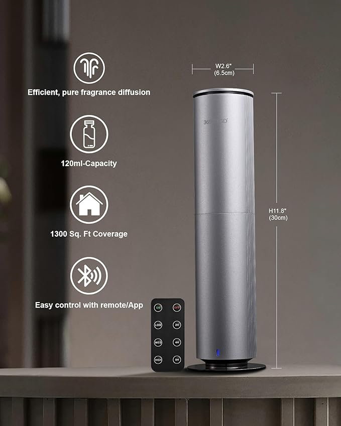 Home Essential Oil Diffuser - Waterless Aromatherapy Diffuser with 120ml Large Capacity, Covers 1200 Sq.Ft, Remote & App Control (Frosted Silver)