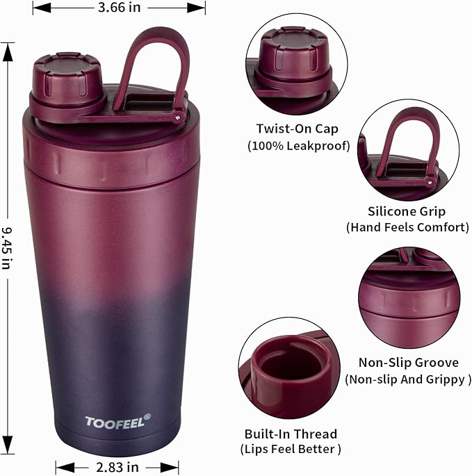 TOOFEEL Stainless Steel Shaker Bottle - 20 oz Double Walled Insulated Protein Shaker Cup, Keeps Cold/Hot for Gym Workout