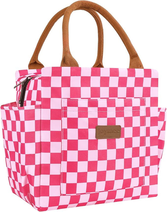 Joymee Lunch Bag Women Insulated Lunch Box Reusable Leakproof Large Spacious Cooler Tote for Women Men Adult with Bottle Holder and Side Pockets for Work Office Travel Picnic - Checker Pink