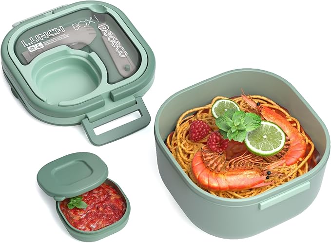Bento Box for Adults & Kids – Single Compartment Lunch Box,Food Container,BPA-Free,Microwave & Dishwasher Safe with Removable Divider,Utensils & Sauce Jar-Green
