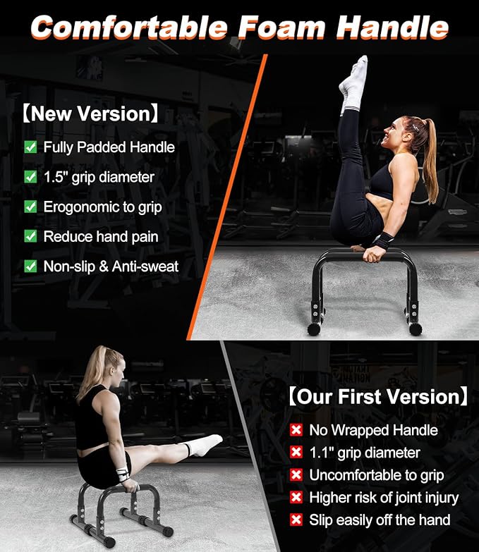 TABEKE Push Up Bar, 12" High Parallettes Bars & Dip Bar With Full-Cover Foam Handles, No Wobbling Calisthenics Equipment For Handstand, L-Sit, Gymnastics, Strength Training Home Gym