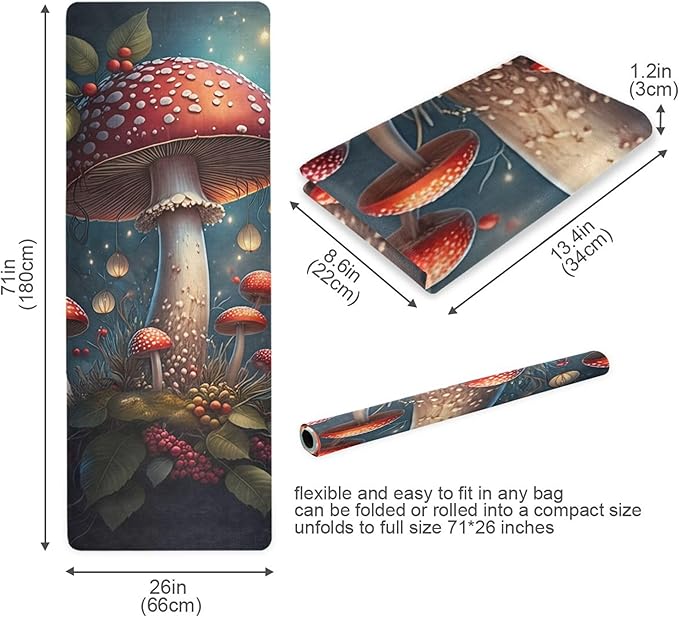 Large Red Mushroom Yoga Mat, 71” x 26” Non-Slip Sports Yoga Mat with Storage Bag, for Indoor and Outdoor Fitness Exercise, Pilates