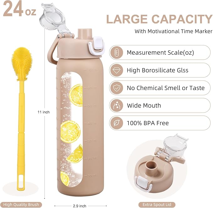 24 oz Glass Water Bottles with 2 Lids-Handle Spout Lid & Straw Lid, Motivational Water Bottle with Time Marker and Silicone Sleeve,Leakproof-Amber-1 Pack