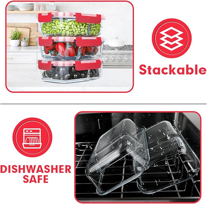 VERONES 10 Pack Meal Prep Containers - 2 Compartment Set, 36OZ Airtight Glass Lunch Containers, Microwave, Oven, Freezer & Dishwasher Safe, Red