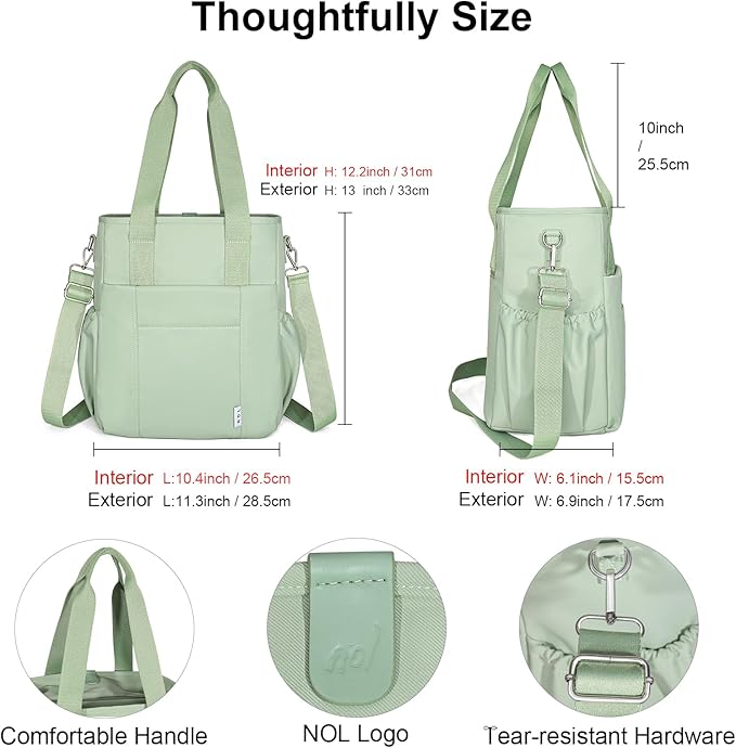 NOL Insulated Lunch Bag for Women, Large Spacious Lunch Tote Bag With Removable Adjustable Shoulder Strap with Multi Pockets,Leakproof Cooler Bag,Lightweight Nylon Waterproof Lunch Box For Work,Green