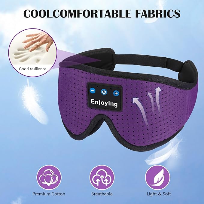 Sleep Headphones, Sleep Mask Bluetooth Wireless Music Eye Mask, Mask with Bluetooth Headphones Ultra-Thin Stereo Speakers Perfect for Sleeping (Purple)