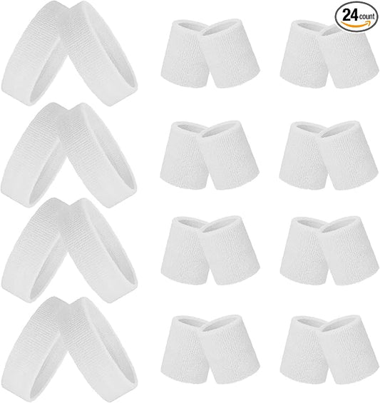 24 Pieces 80s Neon Sweatbands Set, Include 8 Sports Headbands and 16 Sweat Wristbands Elastic Athletic Tennis Sweat Bands Bulk for Man Woman