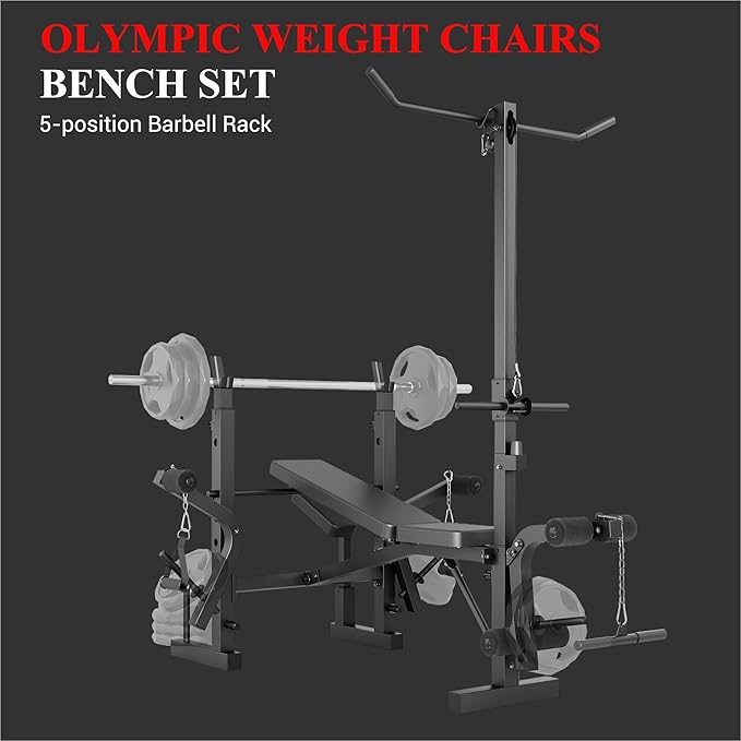 Weight Bench, Foldable Bench Press Set with Leg Extension, Adjustable Workout Bench with Rack & Preacher Curl Pad, Flat Incline Bench for Weight Lifting, Fitness Strength Training for Home Gym