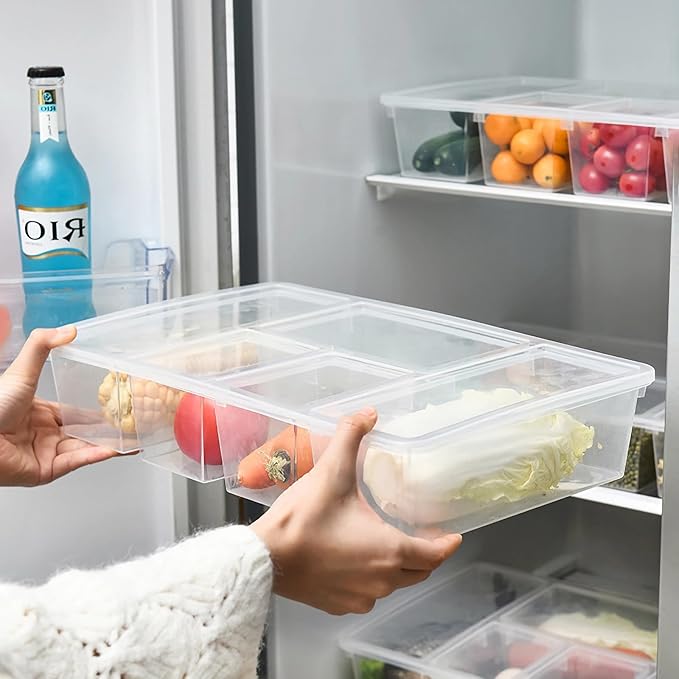 Taiuloo 2 Pack Divided Veggie Tray with Lid, 5 Compartment Salad Bar Containers for Fridge, Clear Snackle Box Organizer, Plastic Food Storage for Fruit, Vegetable, Snack, Meal Prep