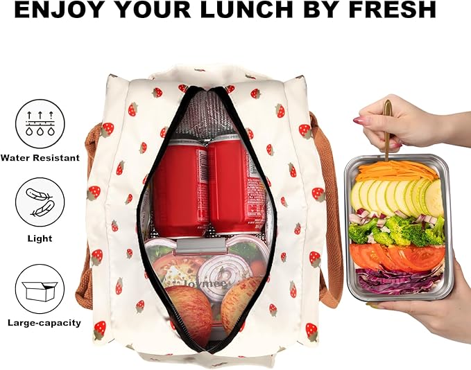 Joymee Lunch Bag Women Insulated Lunch Box Reusable Leakproof Large Spacious Cooler Tote for Women Men Adult with Bottle Holder and Side Pockets for Work Office Travel Picnic - Strawberry