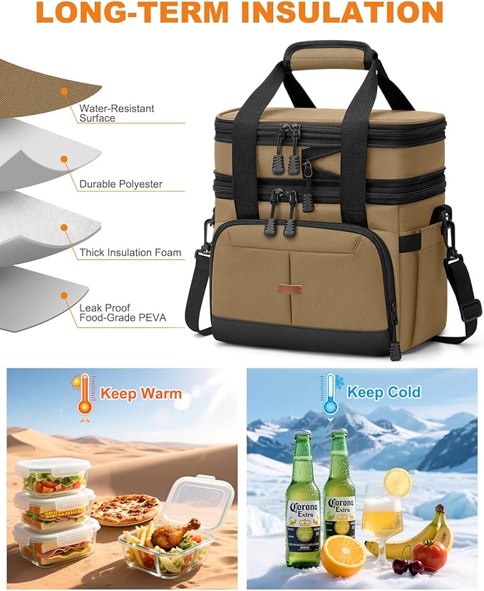 Lunch Box For Men Women Double Deck Insulated Lunch Bag For Men Woman Leakproof Expandable Cooler Bag with Adjustable Shoulder Strap for Work Picnic School(Khaki,Medium)