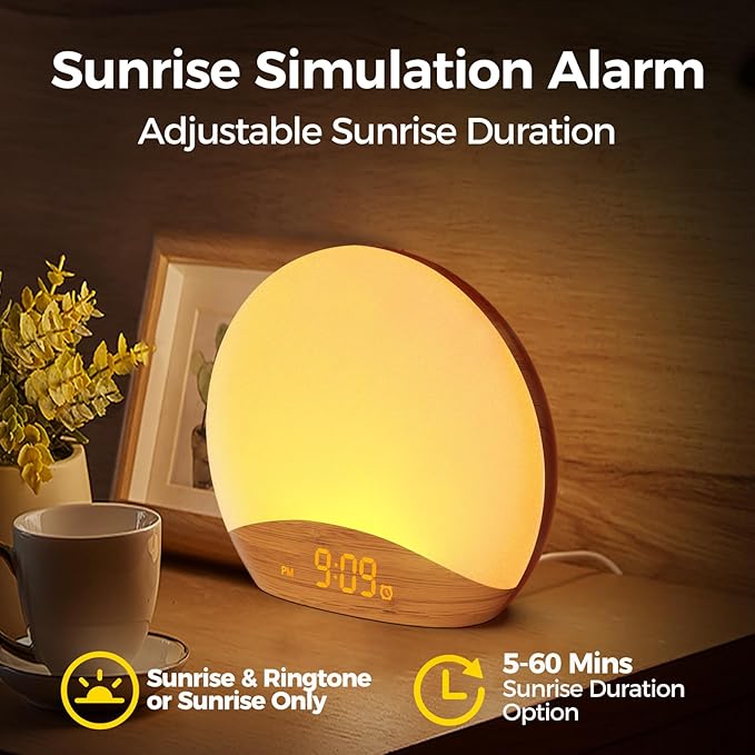 REACHER Wood Grain Sunrise Alarm Clock and Sound Machine Nightlight, Digital Dimmable Clock for Bedroom, 26 Sleep Sounds, White Noise Machine for Baby, Adults, Wake Up Light Alarm Clock for Kids