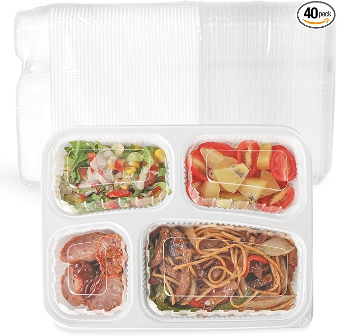 YANGRUI Food Containers with Lid 40 Pack 34 oz - Reusable Shrink Wrap 4 Compartment Leakproof Takeout | BPA Free Flexible PP Plastic Container | Dishwasher & Microwave Safe Hotel Grade White To Go Box