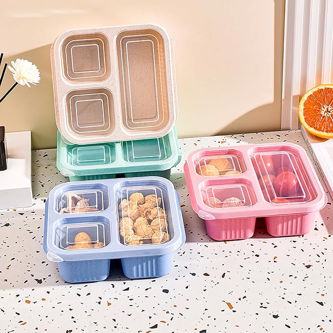3 Compartment Snack Containers, 4 Pack Reusable Wheat Bento Snack Boxes, Stackable Divided Food Meal Prep Containers for Work, Travel (Green/Blue/PK/Beige, 3 Compartments)