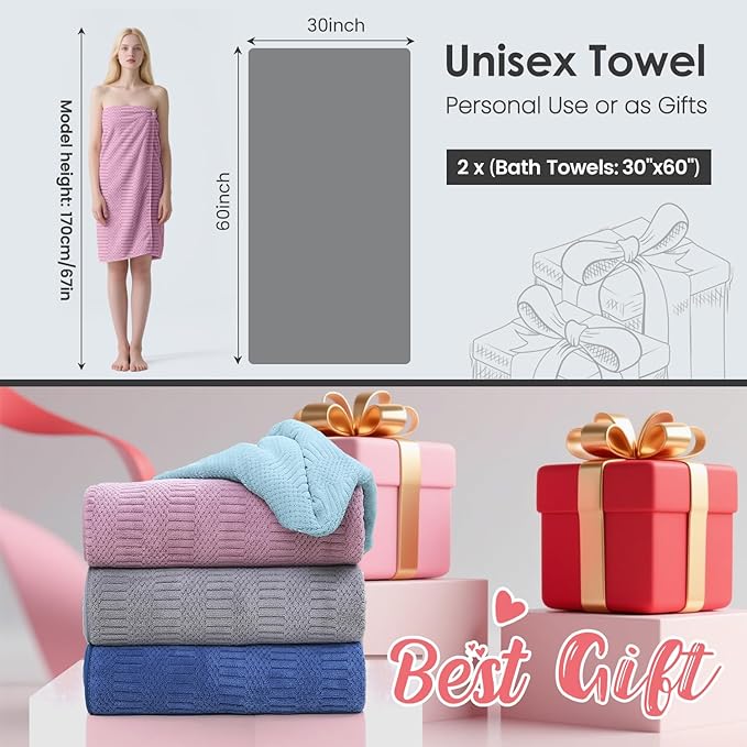 JML Microfiber Bath Towels, Large Bathroom Towel 2 Pack (30" x 60"), Oversized, Soft, Super Absorbent and Fast Drying, Multipurpose Use for Sport, Fitness, Yoga, Diamond Cross Grid Purple