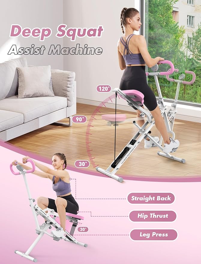 Sportsroyals Pink Squat Machine Rowing Machine for Home 2 in 1 Rower & Squat Assist Workout Foldable Rower for Home Full Body Worikout Adjustable 4 Resistance Bands 330lbs