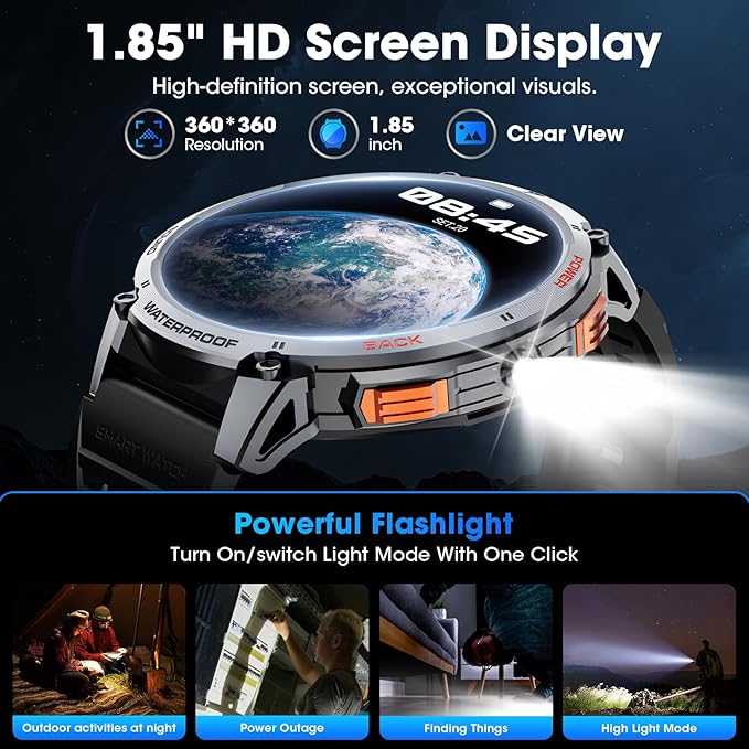 Military Smart Watch for Men 1.85" HD Touch Screen 730mAh Battery Smart Watches with LED Flashlight for Android iOS (Bluetooth Call Answer/Dial Calls) Fitness Tracker with Heart Rate Blood