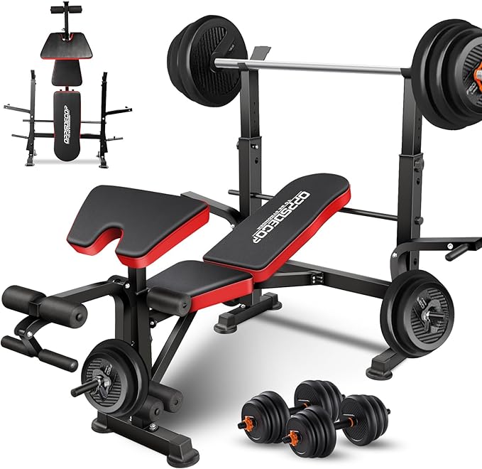 OPPSDECOR 660lbs 6 in 1 Weight Bench Set with Squat Rack, Workout Bench with Leg Extension Preacher Curl Rack Multi-Function Bench Press Set for Home Gym, ZWX1113 New Version Weight Bench