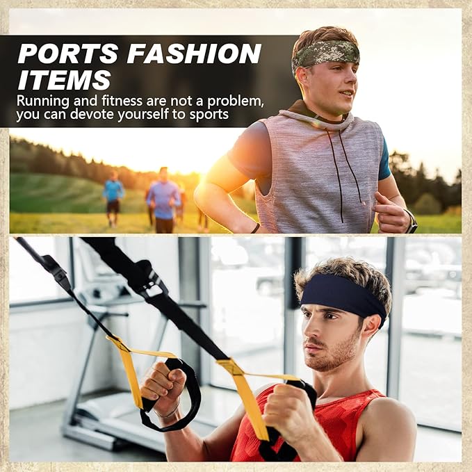 18 Pcs Sports Sweatbands for Men Women Camo Headbands Workout Non Slip Headbands Breathable Head Band Fitness Stretchy Unisex Hairband for Yoga Running Cycling Ball