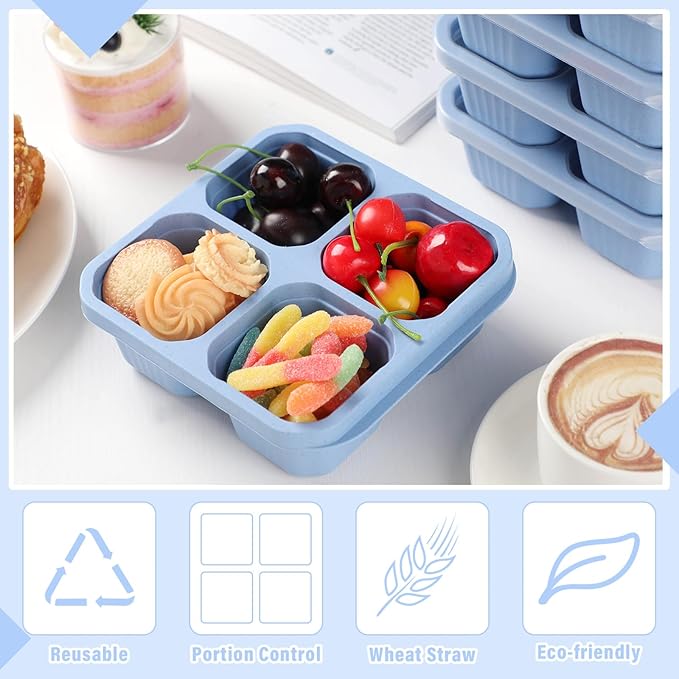 12 Pcs 4 Divided Compartments Snack Containers Bento Wheat Straw Snack Box with Lid Reusable Meal Prep Lunch Box Food Storage Containers for Adults Travel Work(Blue)