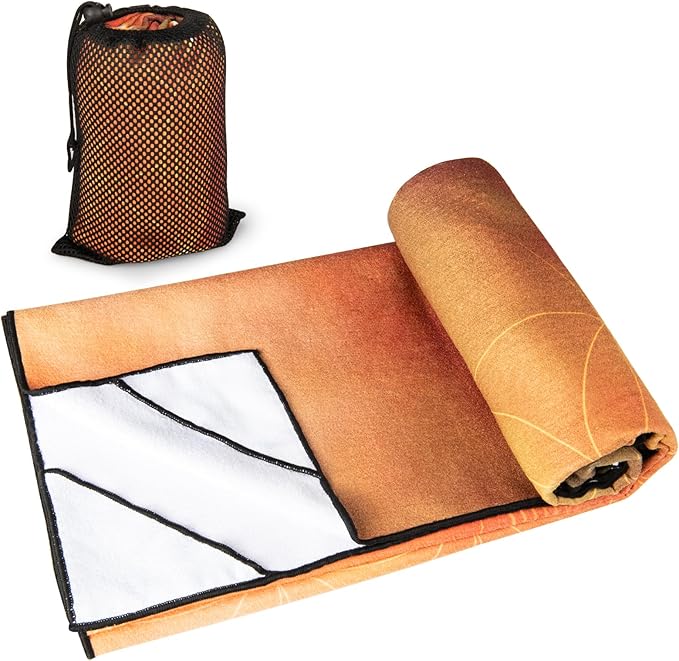 Colorful Star Yoga Towel with Corner Pockets, Non Slip Grip Dots Sweat Absorbent Hot Yoga Mat Towels, Yoga Blankets with Travel Bag, Mat Cover for Workout, Gym, Fitness - 70"x26", Geometric Flower