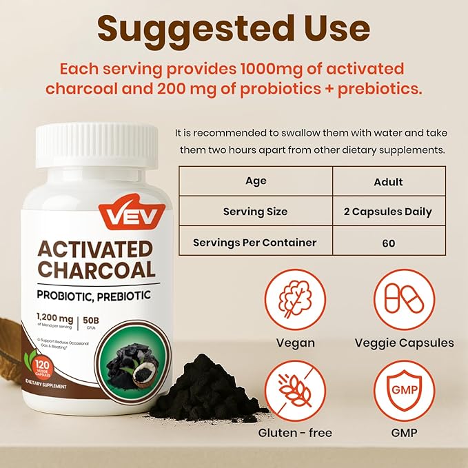 VEV Activated Charcoal with Organic Coconut Shell Charcoal & 50 Billion Probiotics – 120 Vegan Capsules for Digestive Wellness & Dietary Support