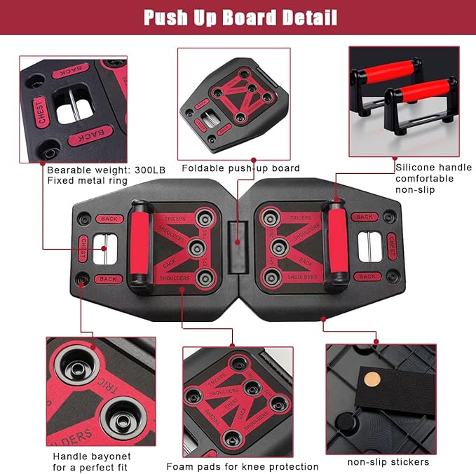 Home Gym Exercise Equipment - Portable Workout System 17 Fitness Accessories 9 in1 Push Up Board Set, Resistance Bands with Pilates Bar Strength Training Abs Shoulders