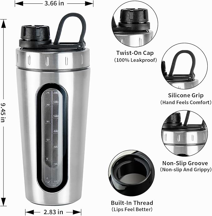 TOOFEEL Shaker Bottles for Protein Mixes 28 oz Stainless Steel Protein Shaker with 2 Mixing Ball, Not Stays Cold/Hot, Visible Window Metal Shaker Cups, Leakproof, BPA Free Bottle Shaker