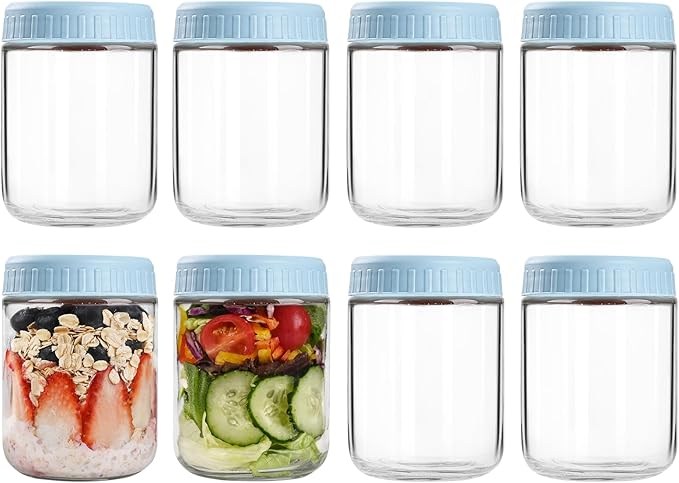 Overnight Oats Containers with Lids, 16oz Glass Jars with Lids 8 pcs, Light Blue, Wide Mouth Mason jars for Salad, Yogurt, Snacks, Meal Prep
