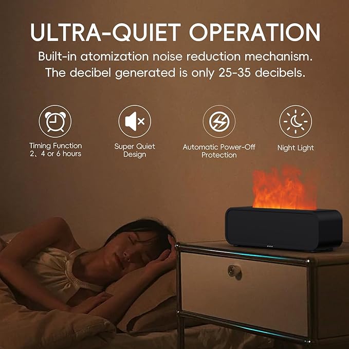 Essential Oil Diffuser, Music Sync Fire Flame Aromatherapy Diffuser, 250ml Cool Mist Humidifier, Scent Aroma Diffuser with 7 Colors Light, Remote Control, Timer & Auto-Off for Home Room (Black)