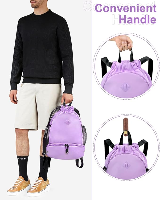 Drawstring Backpack Gym Backpack with Shoe Compartment for Men Women String Sports Bag with Wet Pocket Cinch Swim Beach Bag, Purple (Patent Pending)