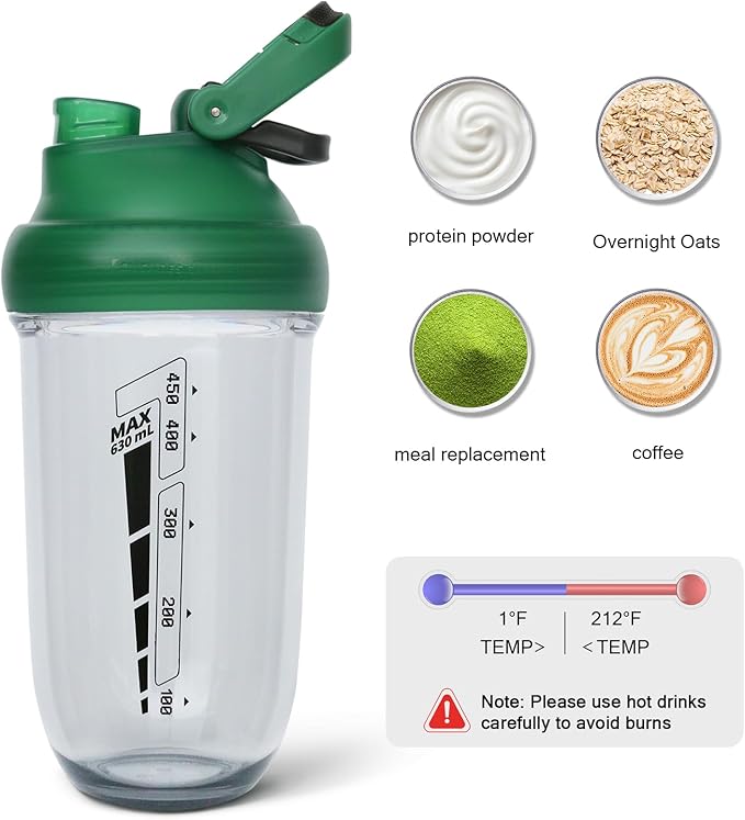 20 oz protein shaker bottle, TRITAN Plastic, BPA/BPS Free Whey Protein Drink Cups for Pre-Workout and Gym, Blender Shaker for Blending Protein Shakes, Overnight Oats and Smoothies (green)