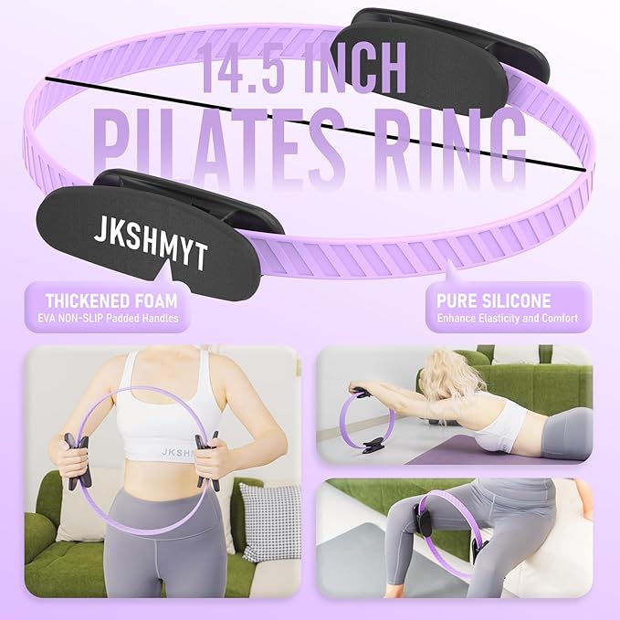JKSHMYT Silicone Pilates Ring-14.5" Home Pilates kit with Padded Handles, Mini Ball, Resistance Bands, Guide & Bag, Better me Pilates Essentials Circle Set for Workouts Women