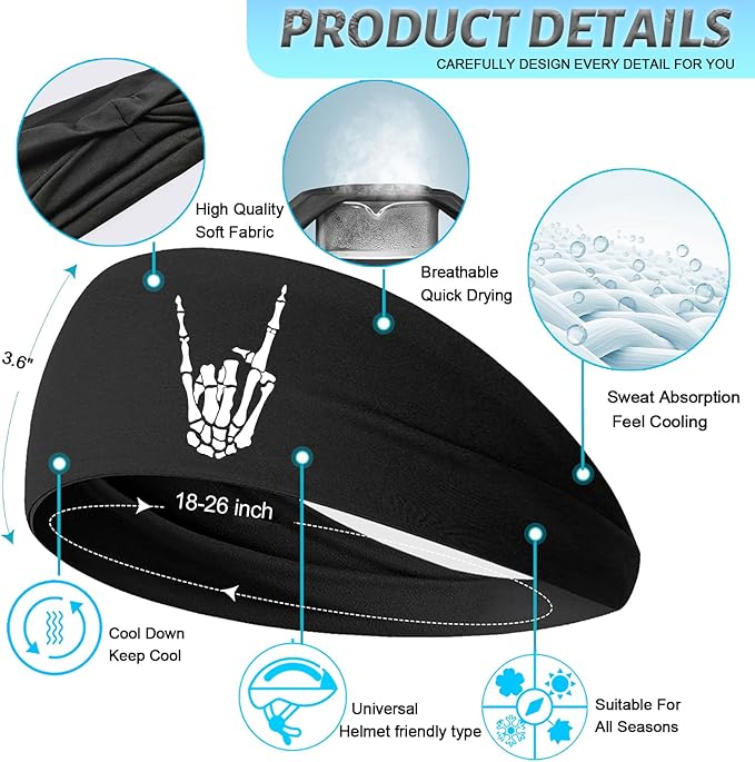 Headbands for Men Women 3pcs Sports Sweat Bands Headbands Men Sweatbands Workout Headband for Mens Running Cooling Skull Sweat Band Head Bands
