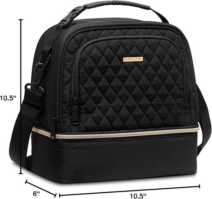 Everfun Womens Lunch Box Two Compartments Insulated Lunch Tote Bag Large Leakproof Soft Cooler for Work Picnic Travel, Black