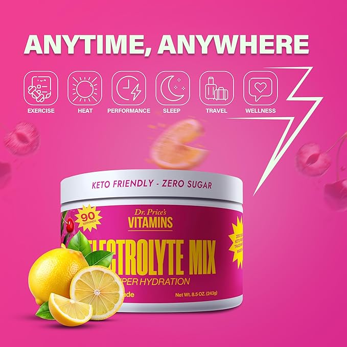 Dr. Price’s Electrolyte Mix | Sugar-Free Hydration Powder with 72+ Trace Minerals | No Sugar, Fast-Dissolving Electrolytes Powder Packets | Cherry Lemonade, 90 Servings
