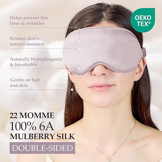 100% Mulberry Silk Sleep Mask for Unisex, 22 Momme 3D Silk Contoured Eye Mask, Breathable Light Blocking Blindfold with Adjustable Strap, Blackout Eye Cover for Travel, Dusty Purple