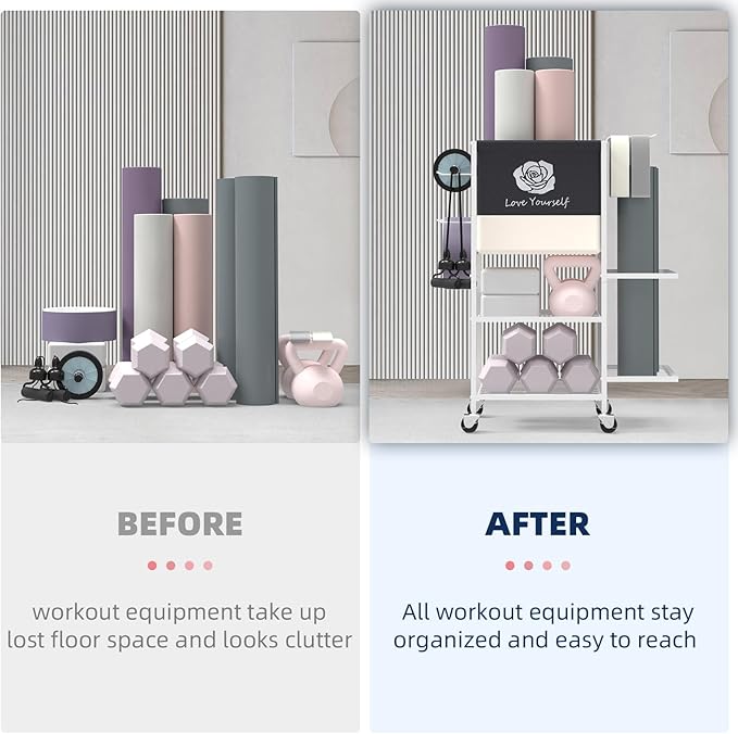 Yoga Mat Storage Rack,Home Gym Storage Rack Gym Workout Equipment Storage Organizer Fitness Weight Rack on Wheels for Yoga Mat,Yoga Block,Foam Roller,Resistance Band,Dumbbell,Kettlebell and Other Workout Accessories
