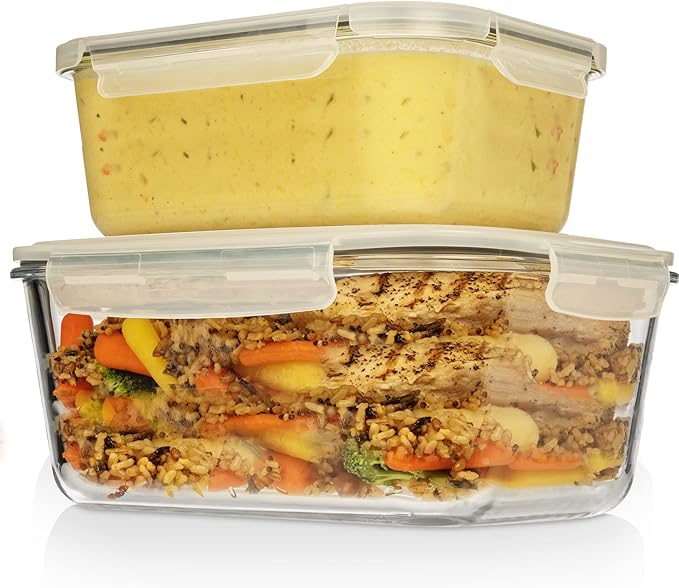 Razab 4 Pc (2700ML/ 91 Oz & 1520ML/ 51 Oz) Airtight Large Glass Food Storage Containers with Lids - BPA Free, Leak Proof Meal Prep Containers (2 Containers + 2 Lids) Microwave, Oven & Freezer Safe