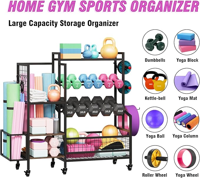 XL Dumbbell Rack Weight Stand – Adjustable Weight Storage Stand with Hooks for Home Gym, Kettlebells, Yoga Mat and Workout Equipment Heavy Duty Weight Rack with Wheels