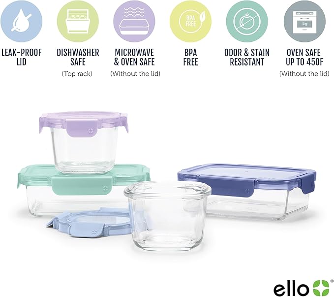 Ello Color Lock 8PC Mixed Glass Food Storage Sets, Leak-Proof Glass Food Storage Containers with Airtight BPA-Free Plastic Lids, Dishwasher, Microwave, and Freezer Safe, Purple Rain