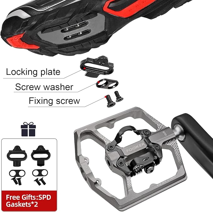 FOOKER MTB Mountain Bike Pedals, Dual Function Flat and Pedal,3 Sealed Bearing Flat Platform Compatible with Clipless Pedal Aluminum 9/16" Pedals with Cleats for Road Mountain BMX MTB
