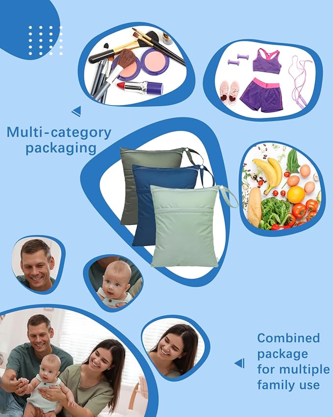 babygoal Wet Dry Bags for Baby Cloth Diapers 3 Pack, Washable Travel Bags, Beach, Pool, Gym Bag for Swimsuits & Wet Clothes with Two Pockets, Snap Handle 3LN32