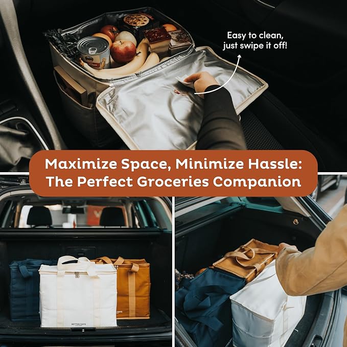 Nook Theory Reusable Insulated Grocery Bag - Leak Proof, X Large Insulated Cooler Bag - Insulated Shopping Bags for Groceries - Travel Cooler Bag for Frozen and Hot Food with Zippered Top (Jute)