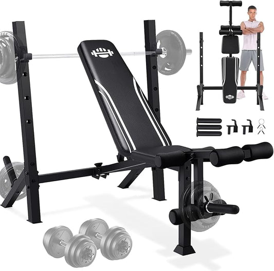 ANCHEER 900LBS Weight Bench Set with Barbell Rack, Heavy Duty Bench Press Set with Leg Extension and Leg Curl, Foldable Workout Benches for Home Gym with J Hooks & Olympic Sleeves (US Stock)