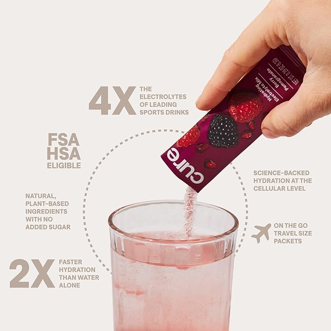 Cure Hydration | Plant-Based Electrolyte Drink Mix | No Added Sugar | FSA-HSA | Dehydration Relief Powder Made with Coconut Water | Non-GMO | Vegan | Pouch of 14 Packets - Berry Pomegranate