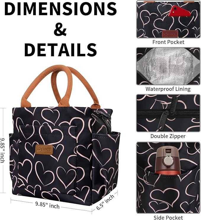 Joymee Lunch Bag Women Insulated Lunch Box Reusable Leakproof Large Spacious Cooler Tote for Women Men Adult with Bottle Holder and Side Pockets for Work Office Travel Picnic - Love Heart